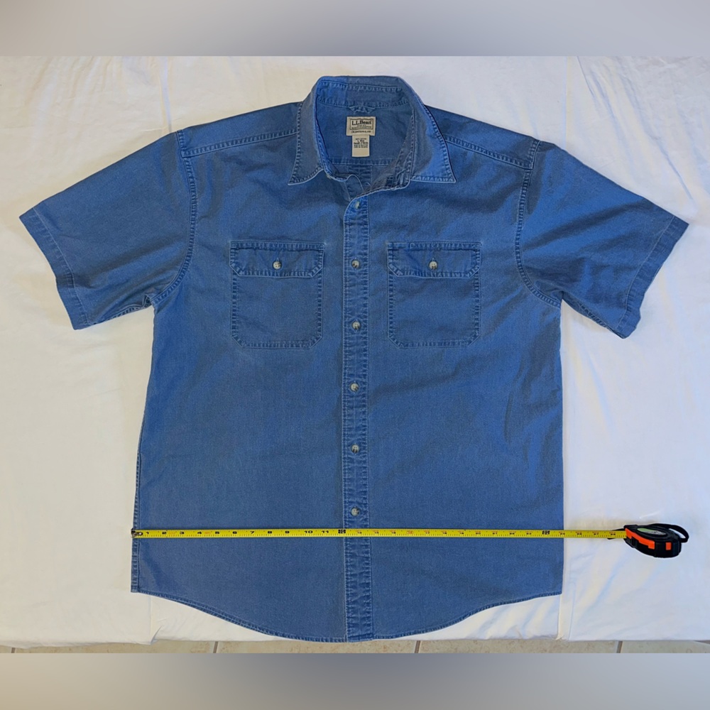 LL Bean Sunwashed Canvas Traditional Fit Short Sleeve Button Up Blue Shirt Large
